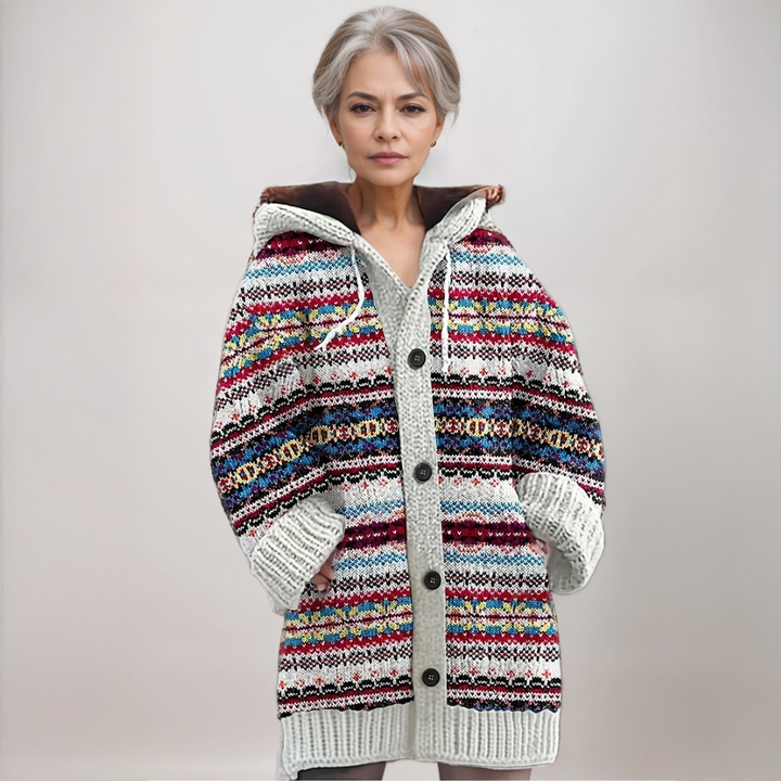 Women Fair Isle Hooded Knit Cardigan