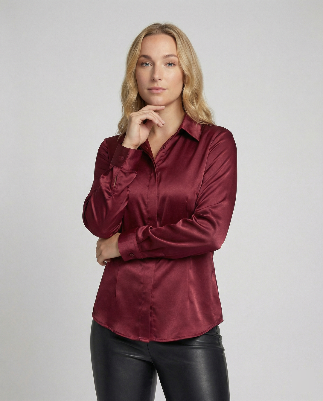 Ladies Satin Blouse with Classic Collar Mune Fashion