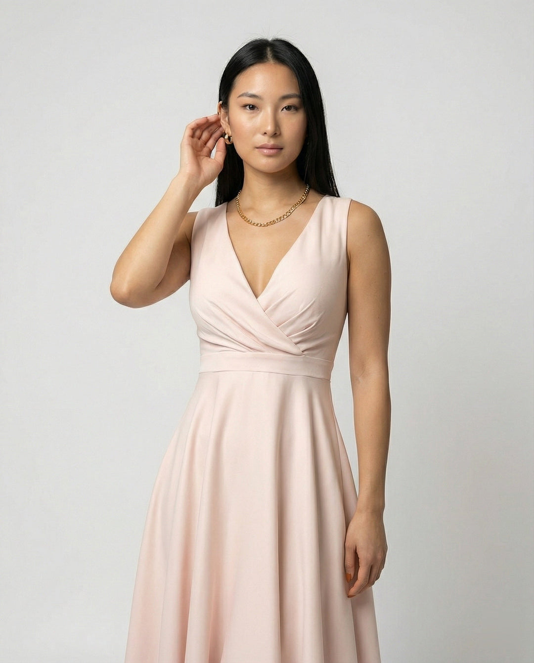 Midi dress in A-line, zipper, straps, V neck, sleeveless, elegant, for women, cocktail party