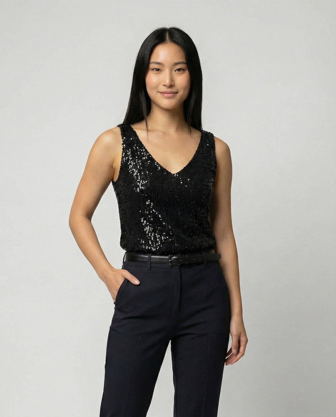 Women Glittering Top with V-Neck and Sparkling Sequin Trim Mune Fashion