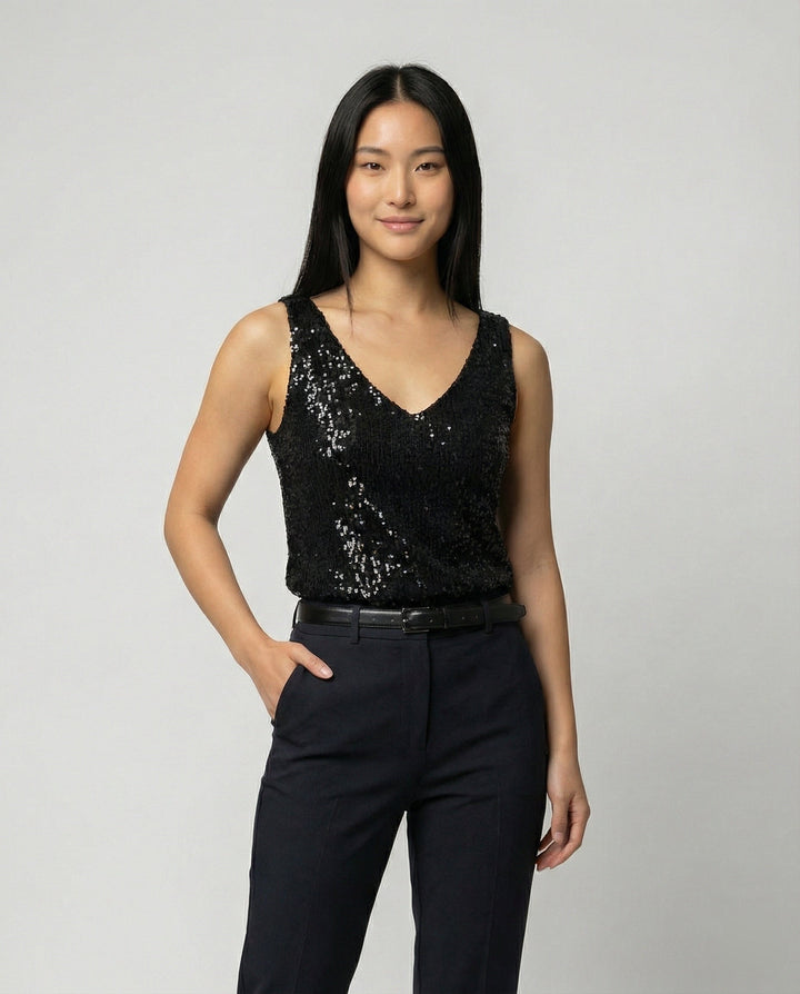 Women Glittering Top with V-Neck and Sparkling Sequin Trim Mune Fashion