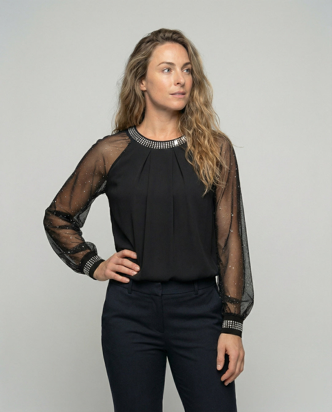 Mune Fashion Women's Mesh Blouse with Rhinestone Trim and Transparent Sleeves