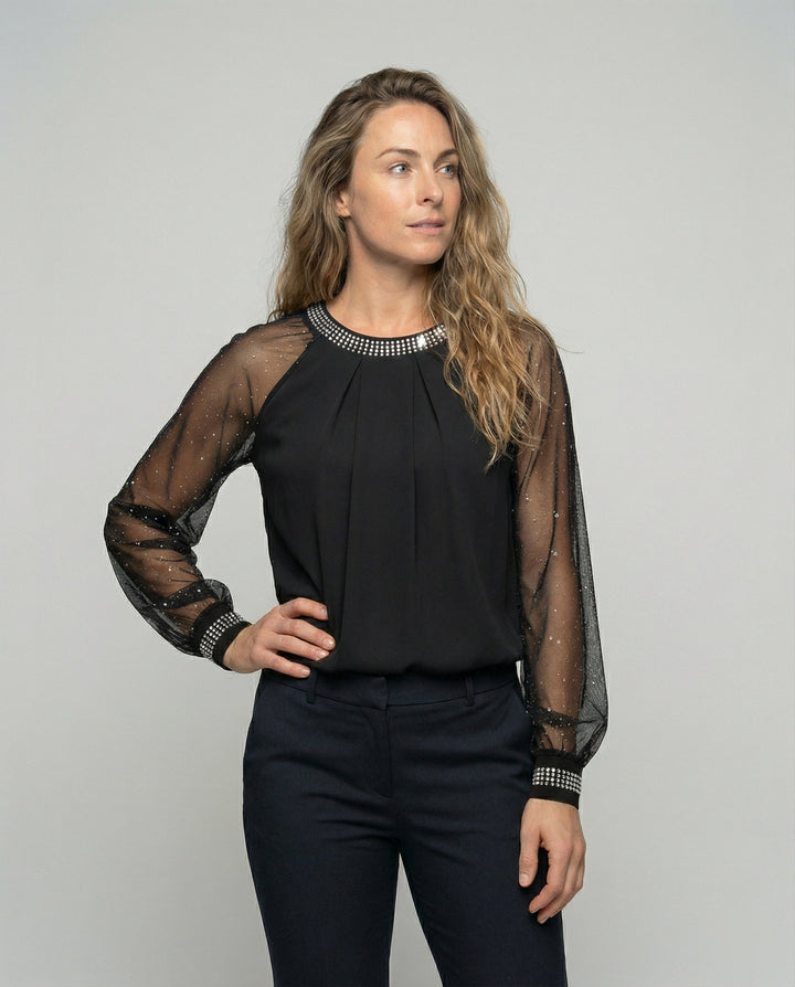 Mune Fashion Women's Mesh Blouse with Rhinestone Trim and Transparent Sleeves