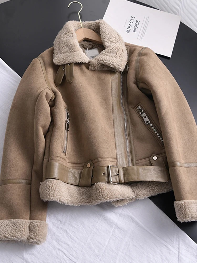 Mune | Women's Leather Jacket with Shearling Lining Asymmetrical Zipper Belt