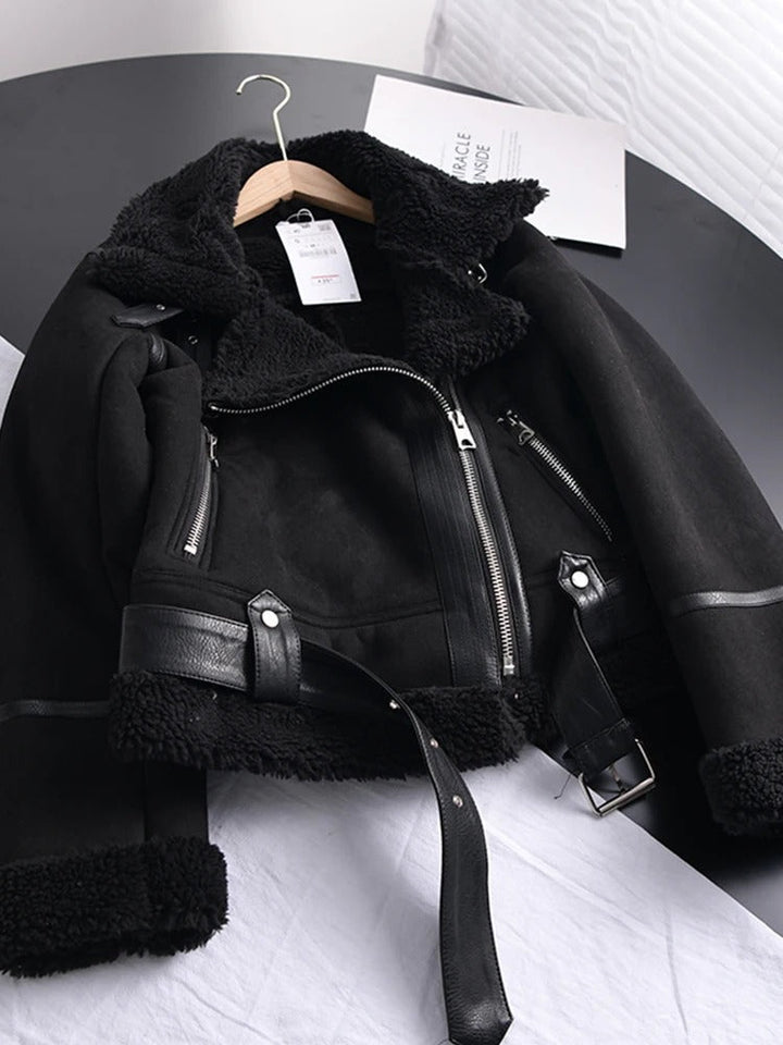 Mune | Women's Leather Jacket with Shearling Lining Asymmetrical Zipper Belt