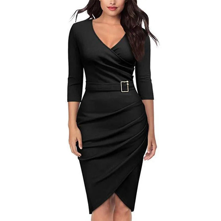 Mune | Dress Elegant V neck Dress, High Waist, Belt And 3/4 Sleeves For Women, Suitable For The Office Or Parties