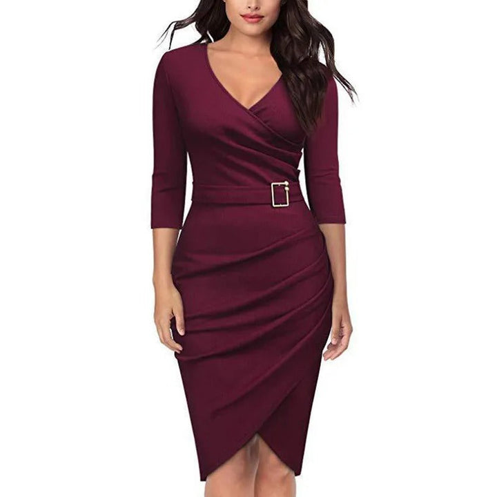 Mune | Dress Elegant V neck Dress, High Waist, Belt And 3/4 Sleeves For Women, Suitable For The Office Or Parties