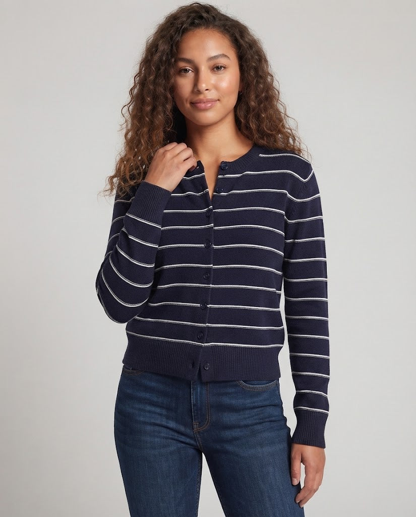 Women's fine knit button cardigan with fine stripes and round neckline Mune Fashion