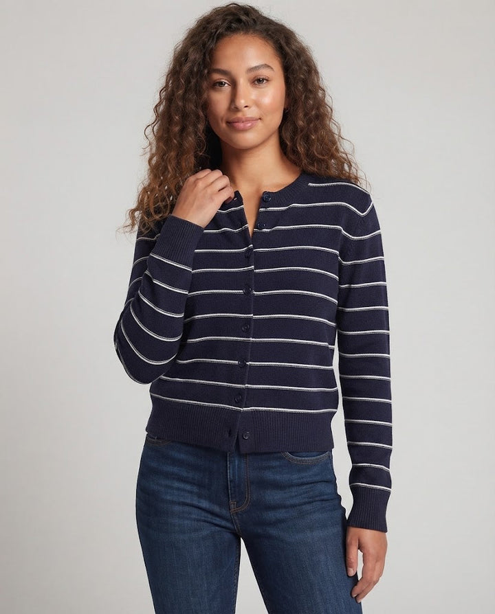 Women's fine knit button cardigan with fine stripes and round neckline Mune Fashion